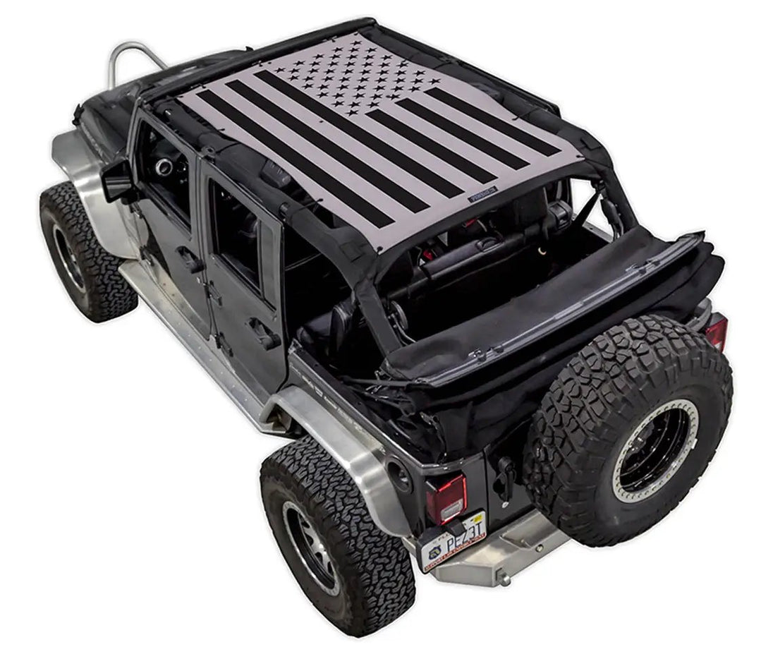 SPIDERWEBSHADE sun shade top for Jeep Wrangler JKU 4-Door, gray US flag graphic