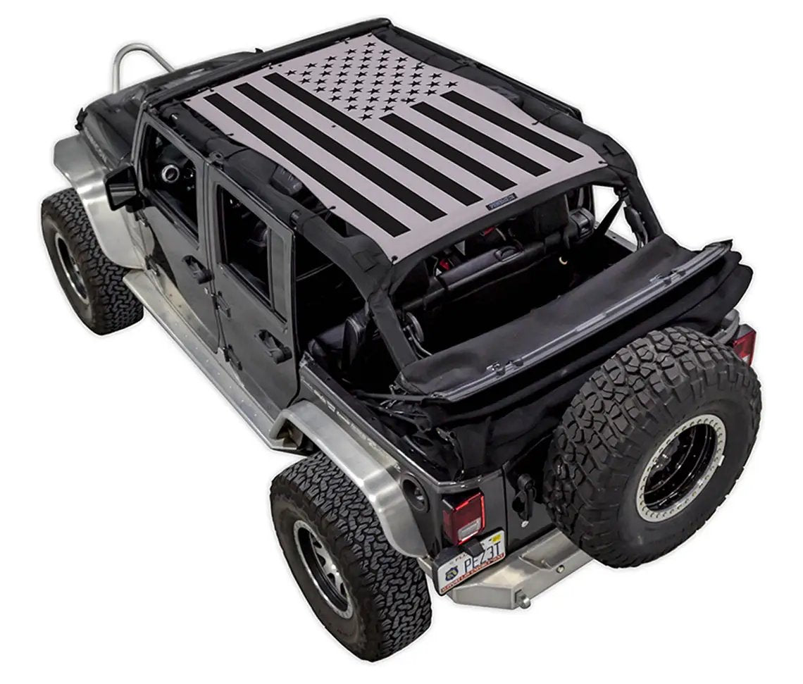 SPIDERWEBSHADE sun shade top for Jeep Wrangler JKU 4-Door, gray US flag graphic