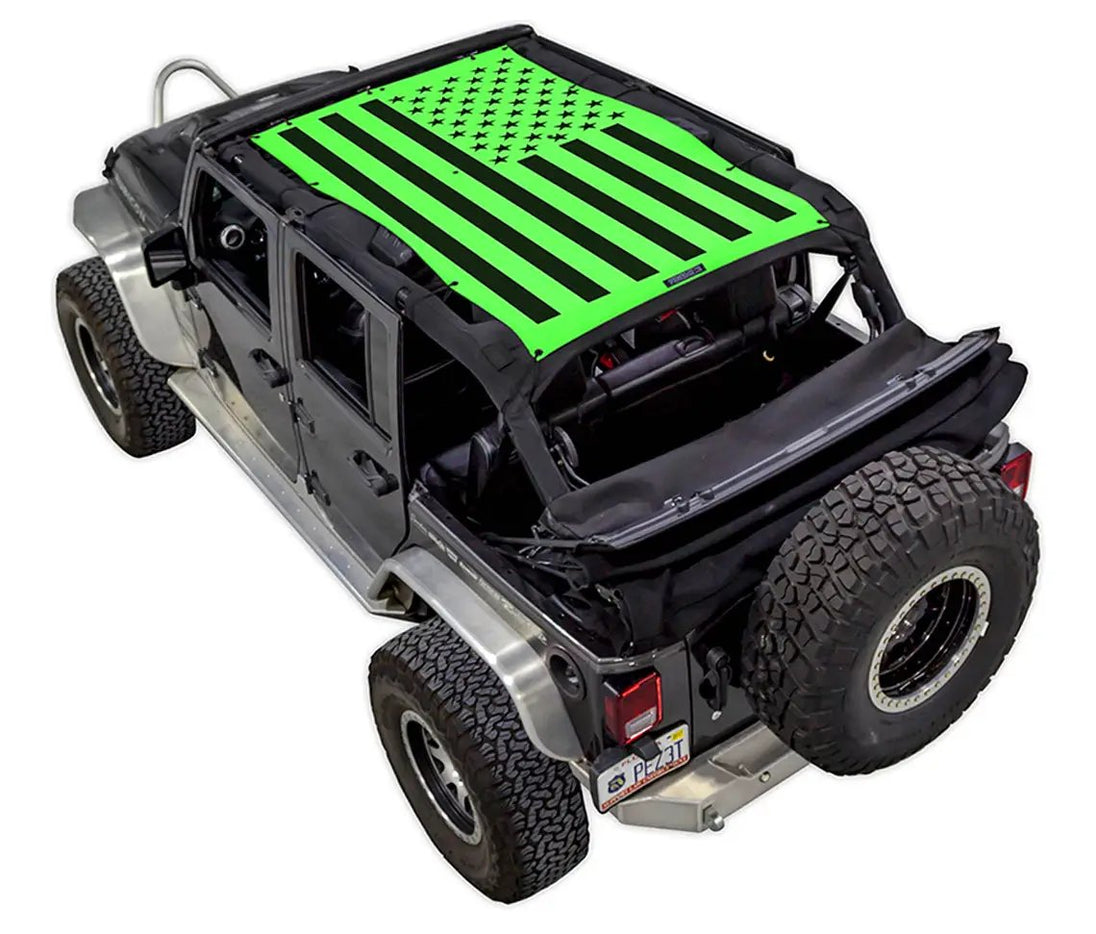 Sun shade by SpiderWebShade for Jeep Wrangler JKU 4-Door; neon green and black printed shade top.