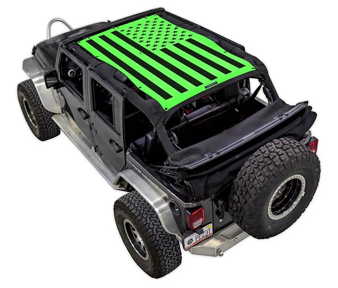 Sun shade by SpiderWebShade for Jeep Wrangler JKU 4-Door; neon green and black printed shade top.