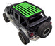 Sun shade by SpiderWebShade for Jeep Wrangler JKU 4-Door; neon green and black printed shade top.
