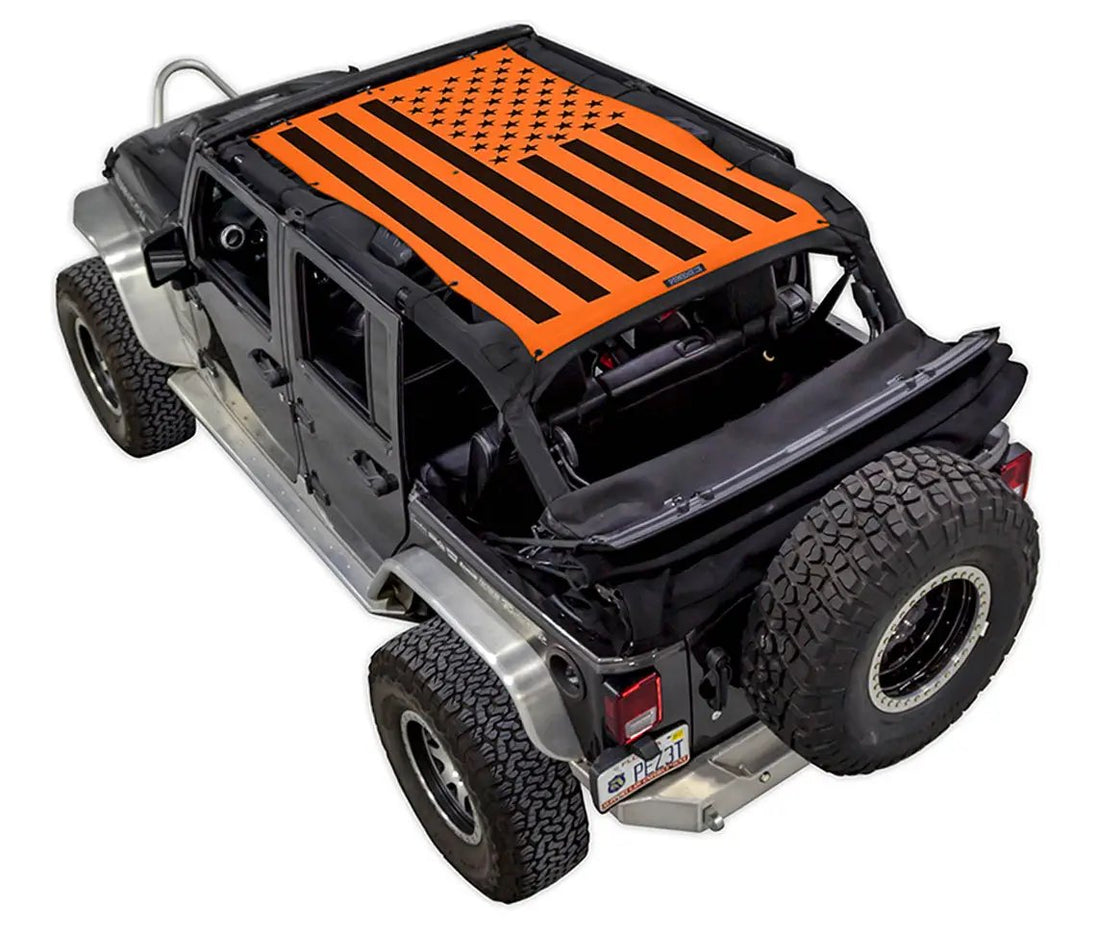 Sun shade SpiderWebShade for Jeep Wrangler JKU 4-Door, orange flag design on black fabric