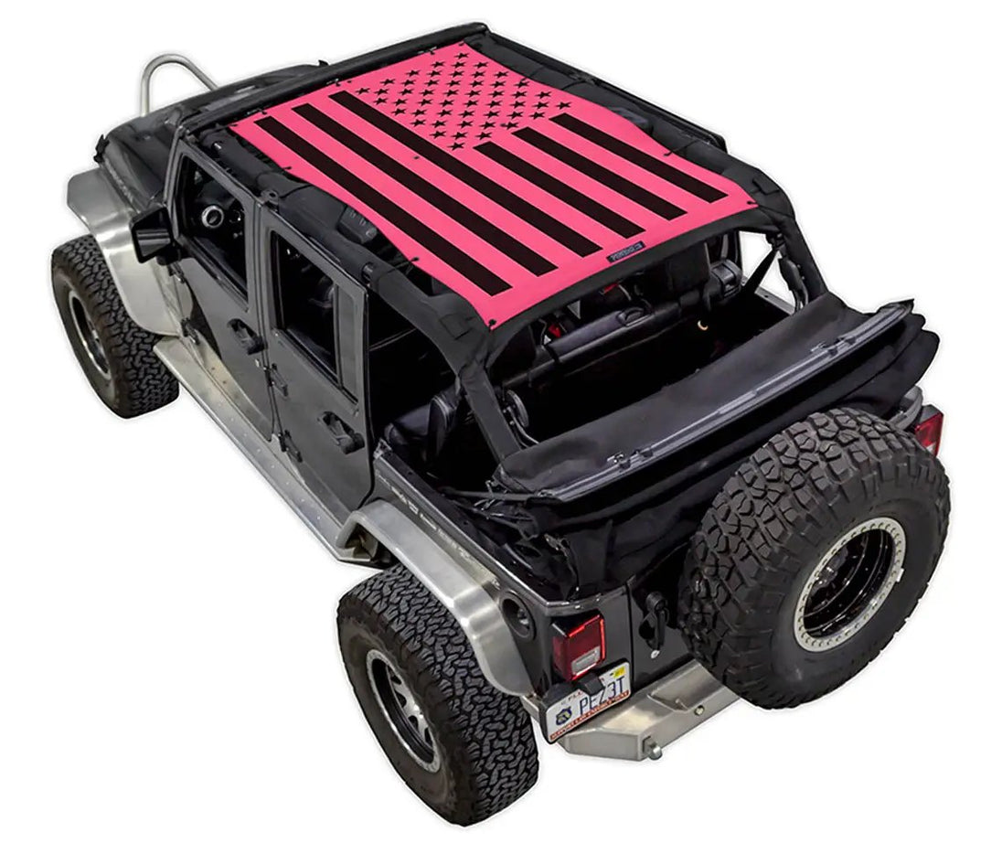SPIDERWEBSHADE sun shade for Jeep Wrangler JKU 4-Door, pink and black flag-style top