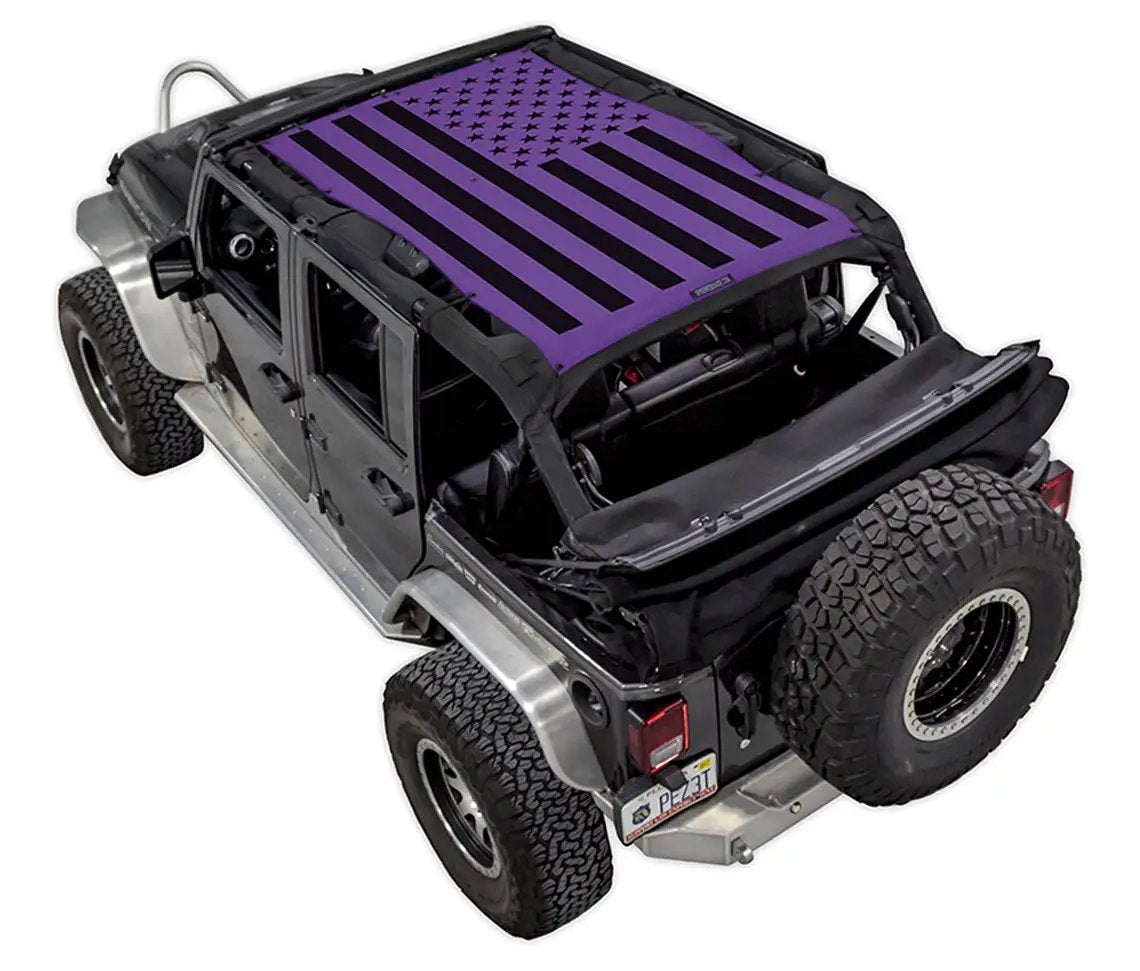 SpiderWebShade sun shade for Jeep Wrangler JKU 4-Door, stock printed top with purple flag design.