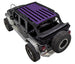 SpiderWebShade sun shade for Jeep Wrangler JKU 4-Door, stock printed top with purple flag design.