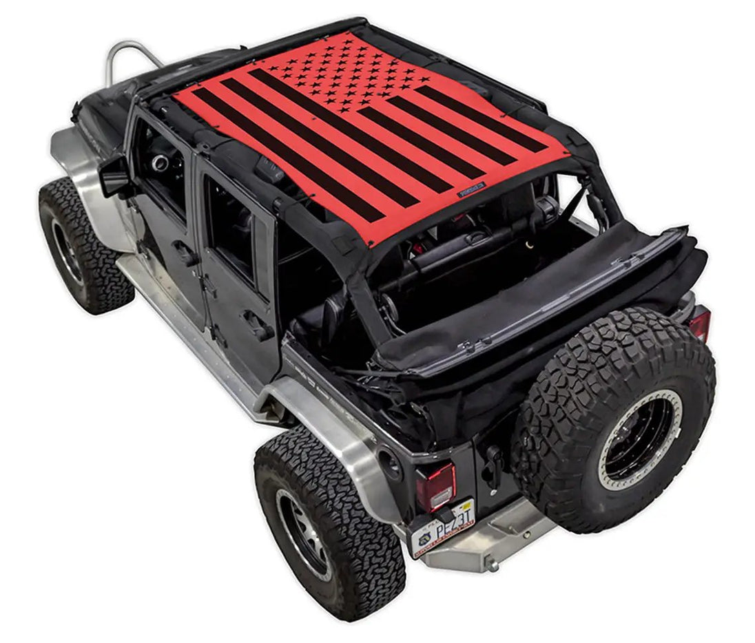 Sun Shade for Jeep Wrangler JKU 4-Door by SpiderWebShade, red American flag printed top