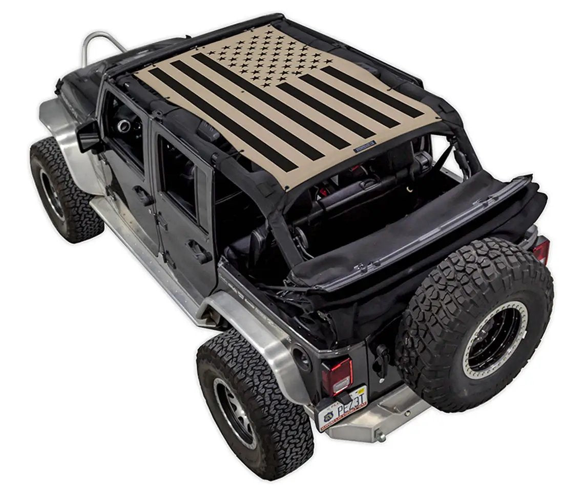 Sun shade top for Jeep Wrangler JKU 4-Door by SpiderWebShade; tan printed flag design.