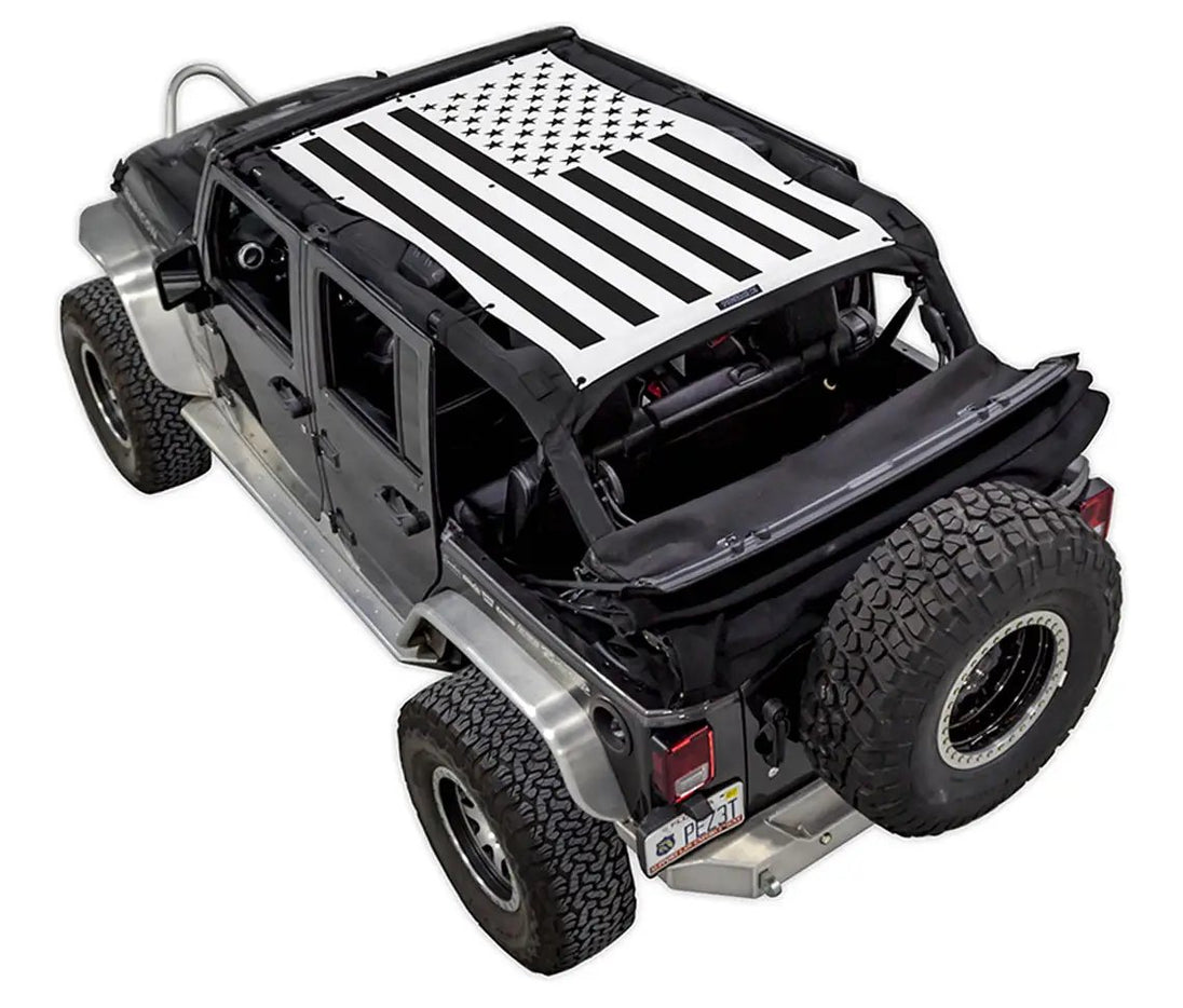 Sun shade for Jeep Wrangler JKU 4-Door by SpiderWebShade featuring black-and-white American flag print