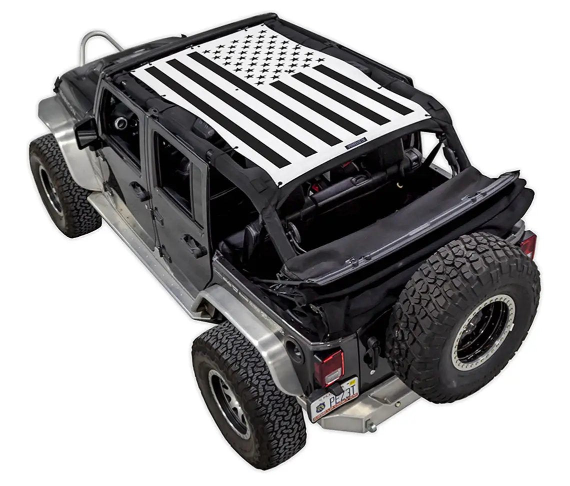 Sun shade for Jeep Wrangler JKU 4-Door by SpiderWebShade featuring black-and-white American flag print