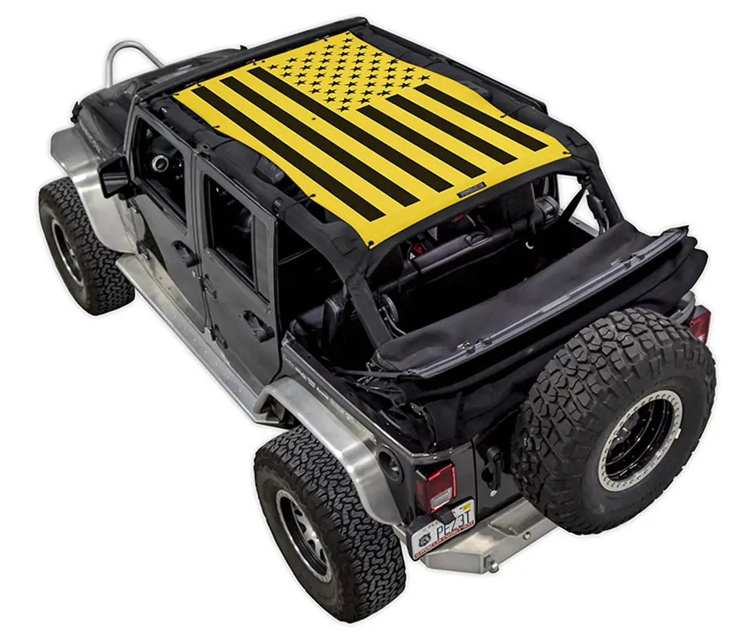 Sun shade top SpiderWebShade for Jeep Wrangler JKU 4-Door, stock printed yellow flag design