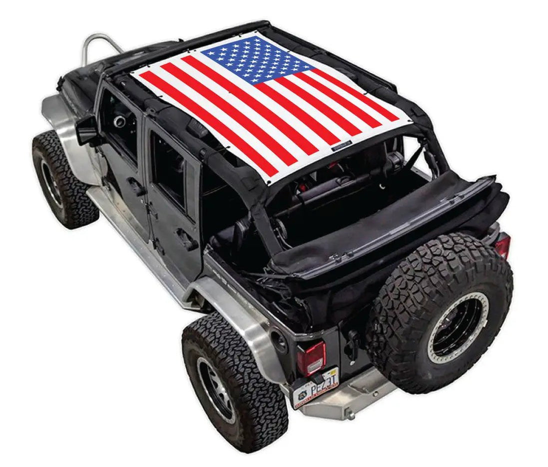 Sun Shade for Jeep Wrangler JKU 4-Door by SPIDERWEBSHADE with American flag printed top