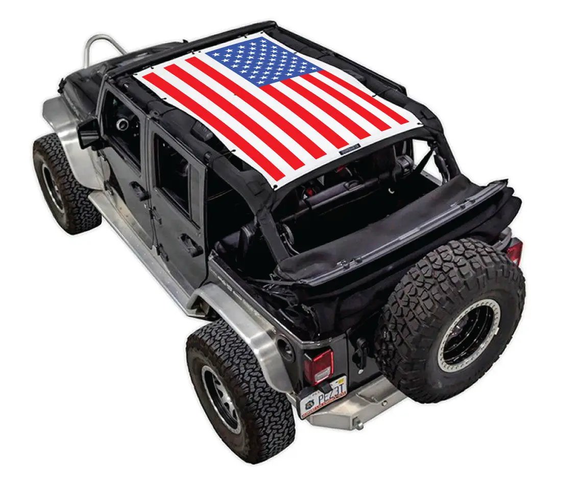 Sun Shade for Jeep Wrangler JKU 4-Door by SPIDERWEBSHADE with American flag printed top