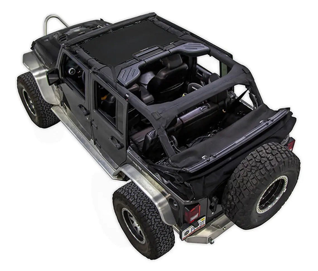 SpiderWebShade sunshade for Jeep Wrangler JKU 4-Door, black fabric.
