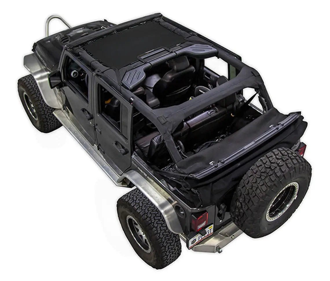 SpiderWebShade sunshade for Jeep Wrangler JKU 4-Door, black fabric.
