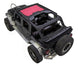 Sun shade for Jeep Wrangler JKU 4-Door by SpiderWebShade; red solid shade top on a black Wrangler.