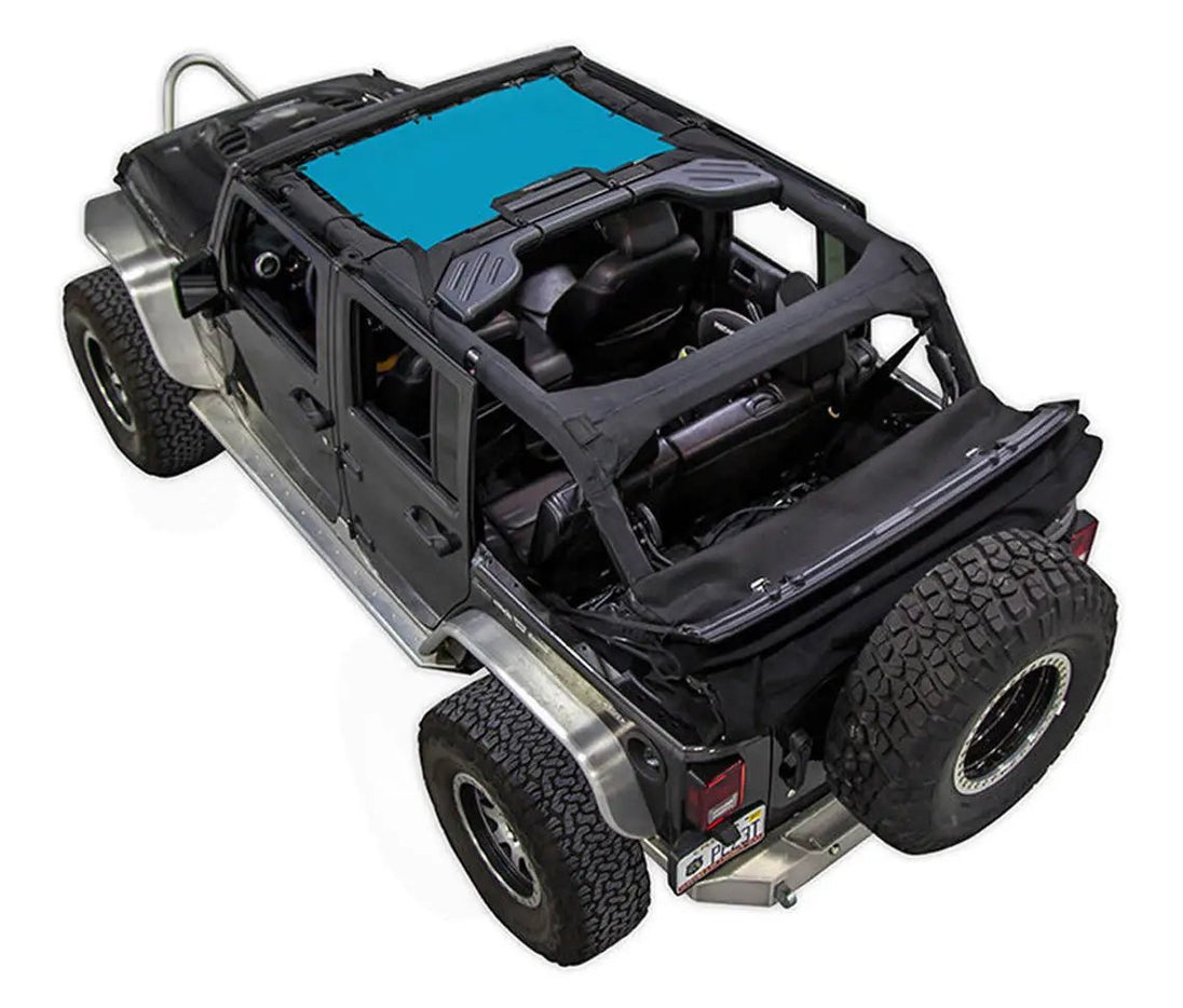 SpiderWebShade sunshade for Jeep Wrangler JKU 4-Door; solid color shade top with blue center panel.