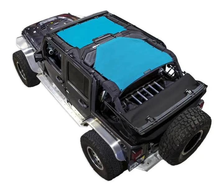 Sun shade for Jeep Wrangler JKU 4-Door by SpiderWebShade with solid blue shade panels.
