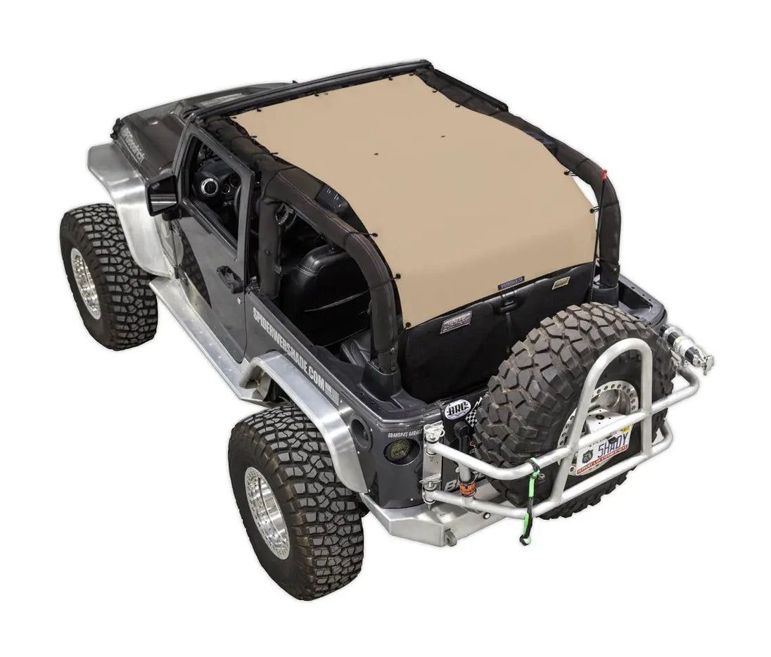 SpiderWebShade sun shade top for Jeep Wrangler JK 2-Door, tan solid color.