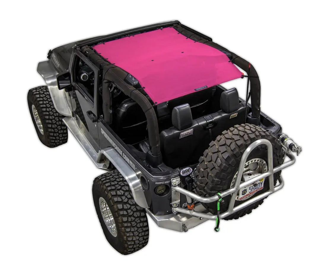 SPIDERWEBSHADE sun shade for Jeep Wrangler JK 2-Door; pink solid color top.