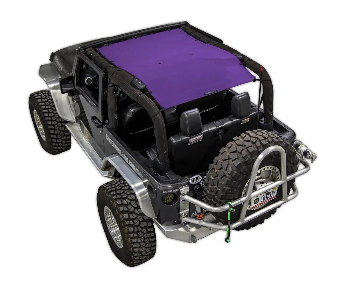Sun shade for Jeep Wrangler JK 2-Door, solid purple SpiderWebShade top.