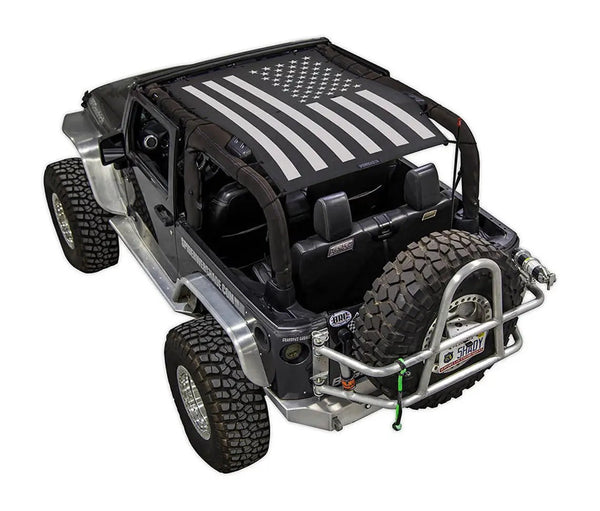 Sun Shade for Jeep Wrangler JK 2-Door by SPIDERWEBSHADE; black shade with US flag print.