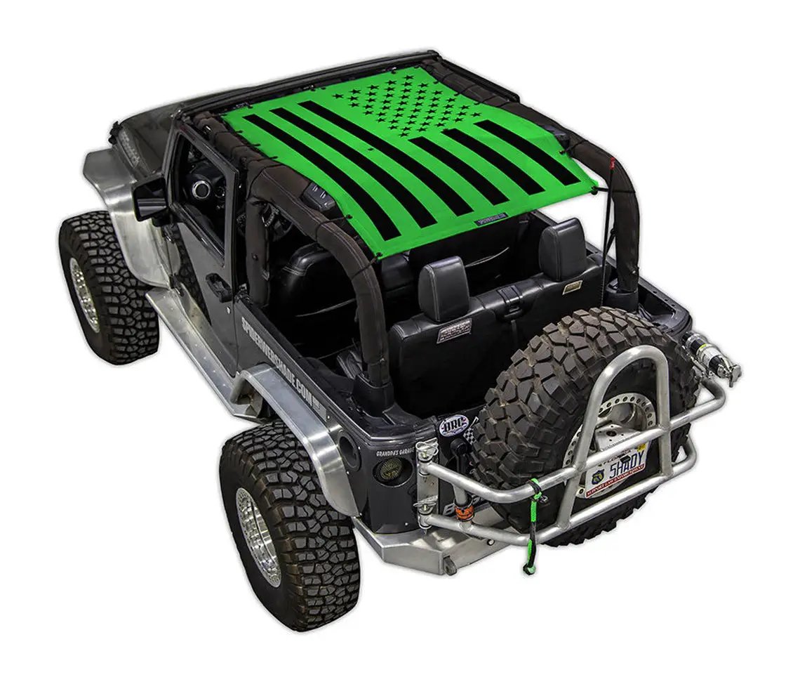 Sun Shade for Jeep Wrangler JK 2-Door by SPIDERWEBSHADE, green printed flag pattern (2007–2017)