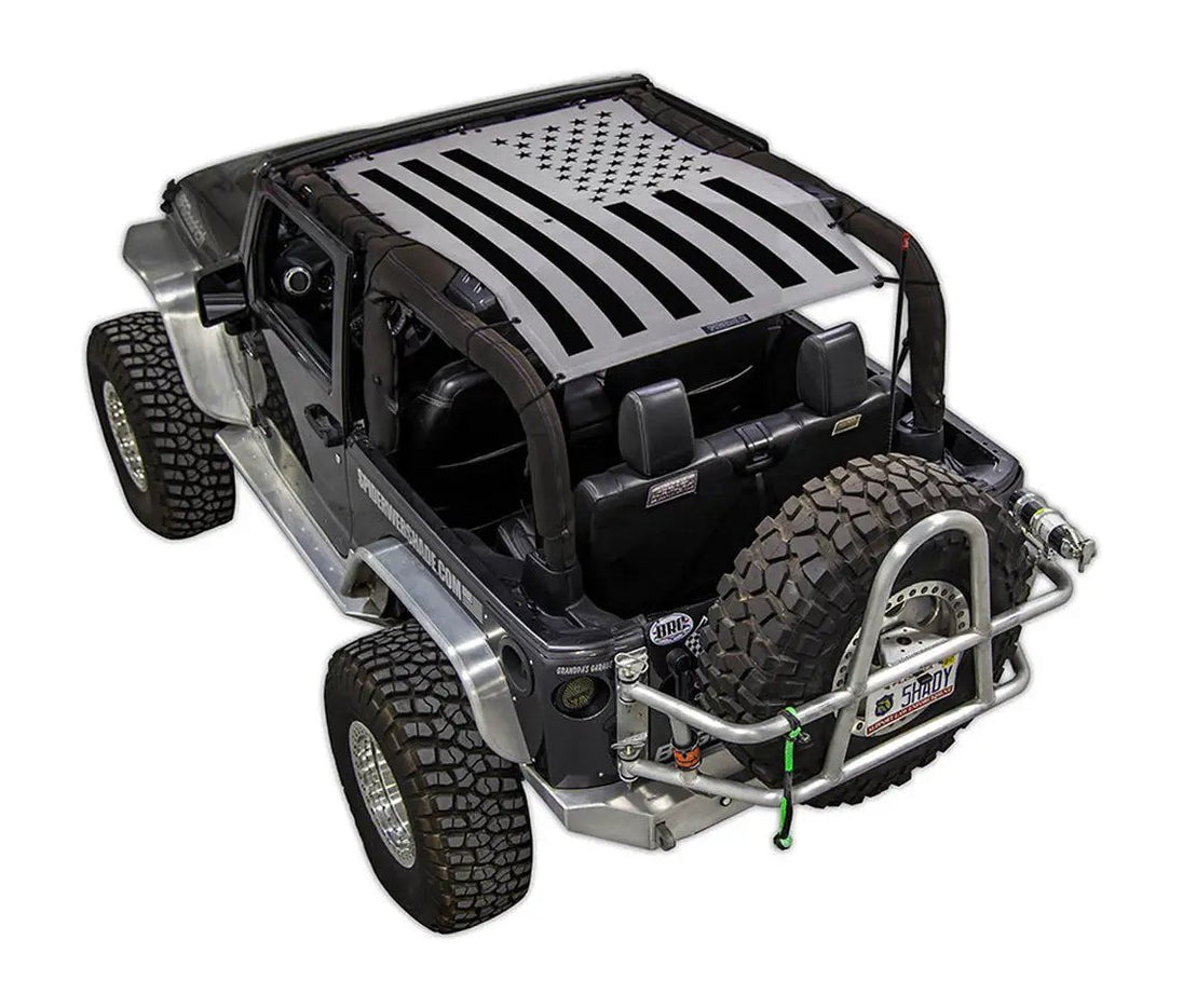Sun Shade for Jeep Wrangler JK 2-Door by SpiderWebShade with stock printed American flag design.