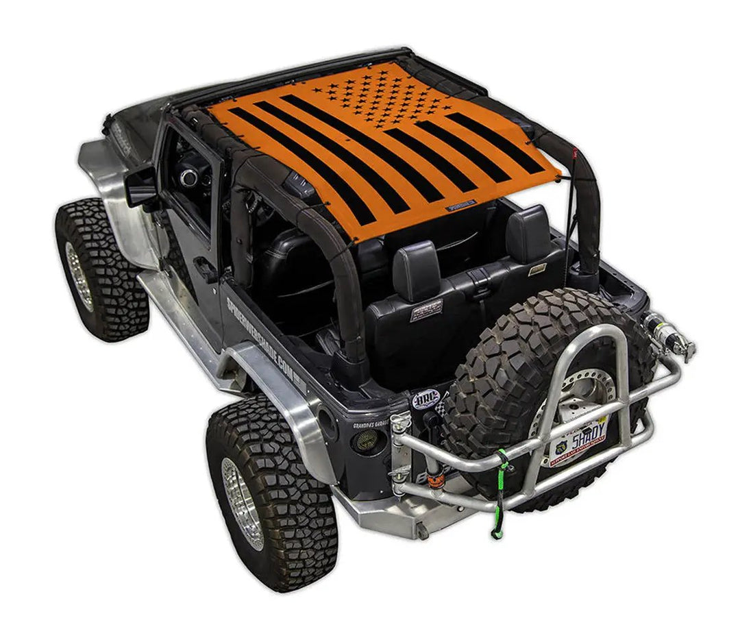 SpiderWebShade sun shade top for Jeep Wrangler JK 2-Door, orange printed flag/star design (2007–2017)