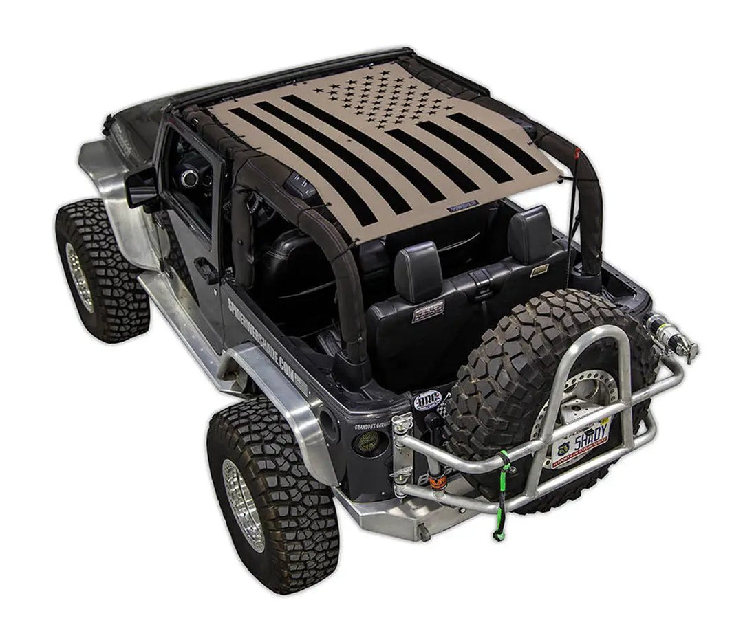 Sun shade for Jeep Wrangler JK 2-Door by SPIDERWEBSHADE, tan stock printed American flag design