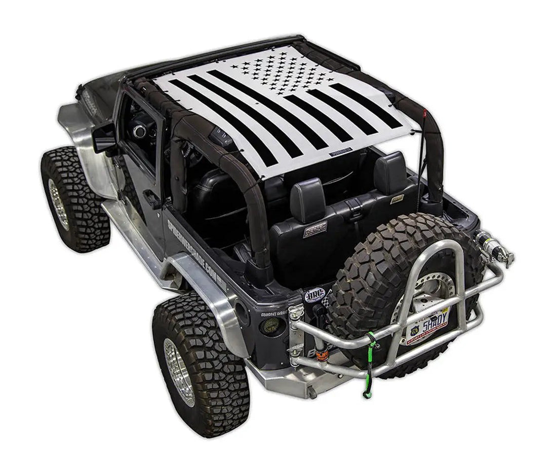 Sun Shade Top by SpiderWebShade for Jeep Wrangler JK 2-Door (2007–2017); stock printed black-and-white flag design