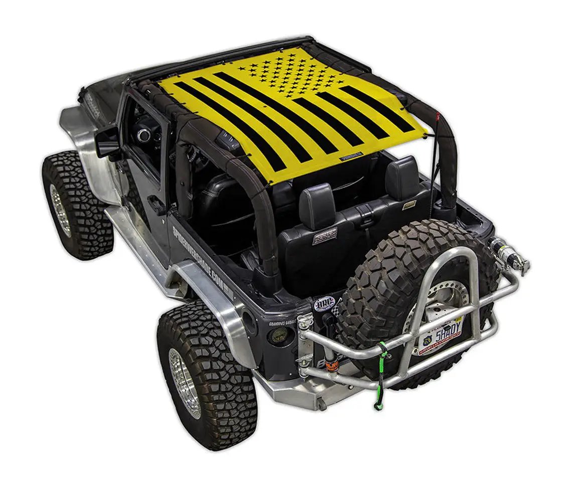 Sun Shade for Jeep Wrangler JK 2-Door by SPIDERWEBSHADE, yellow stock-printed top with black flag pattern.