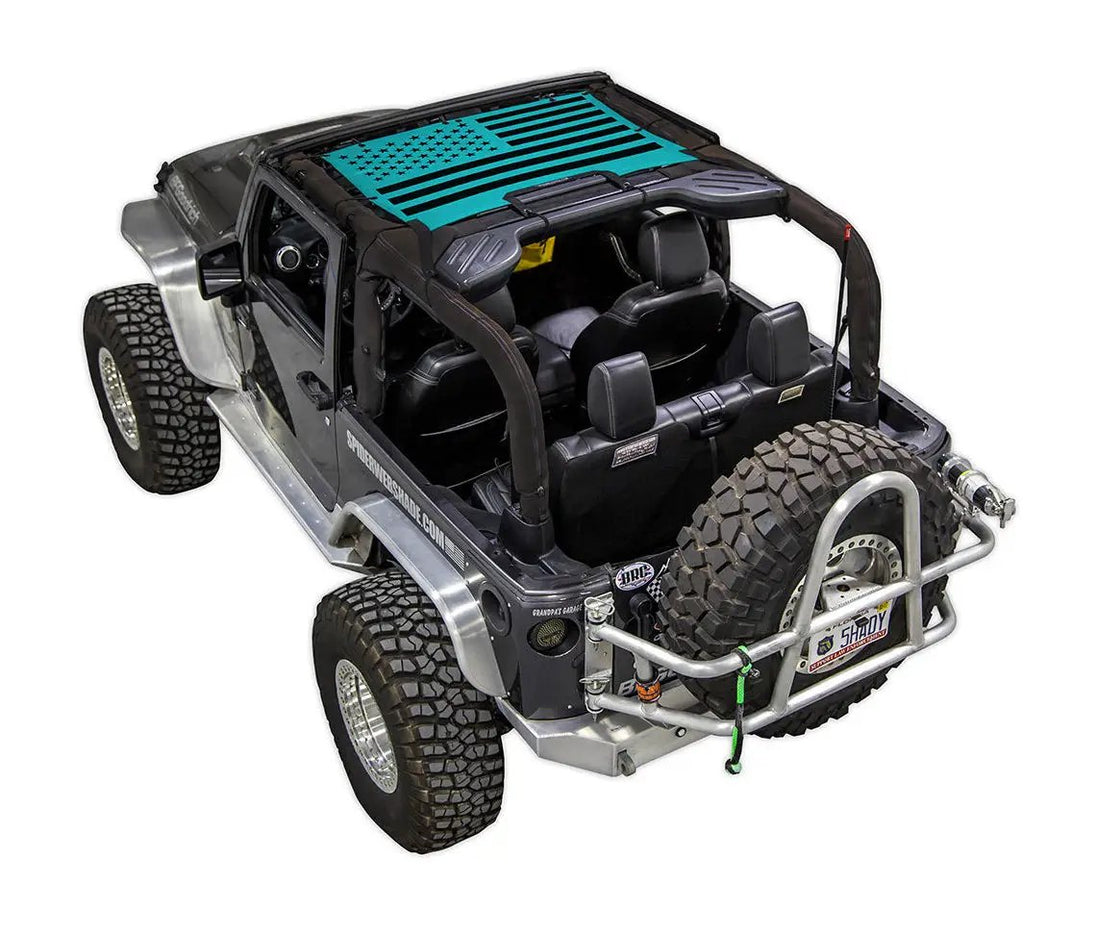 SpiderWebShade sun shade for Jeep Wrangler JK 2-Door; teal flag-print top