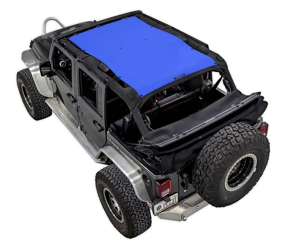 Sun shade top for Jeep Wrangler JKU 4-Door by SpiderWebShade, solid blue fabric.
