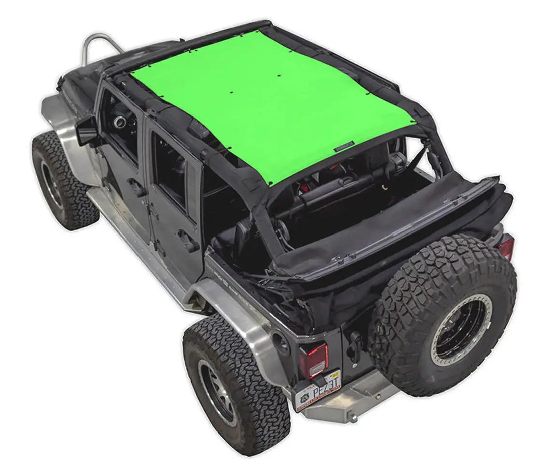 Sun shade top SPIDERWEBSHADE in bright green on a 2007-2017 Jeep Wrangler JKU 4-door
