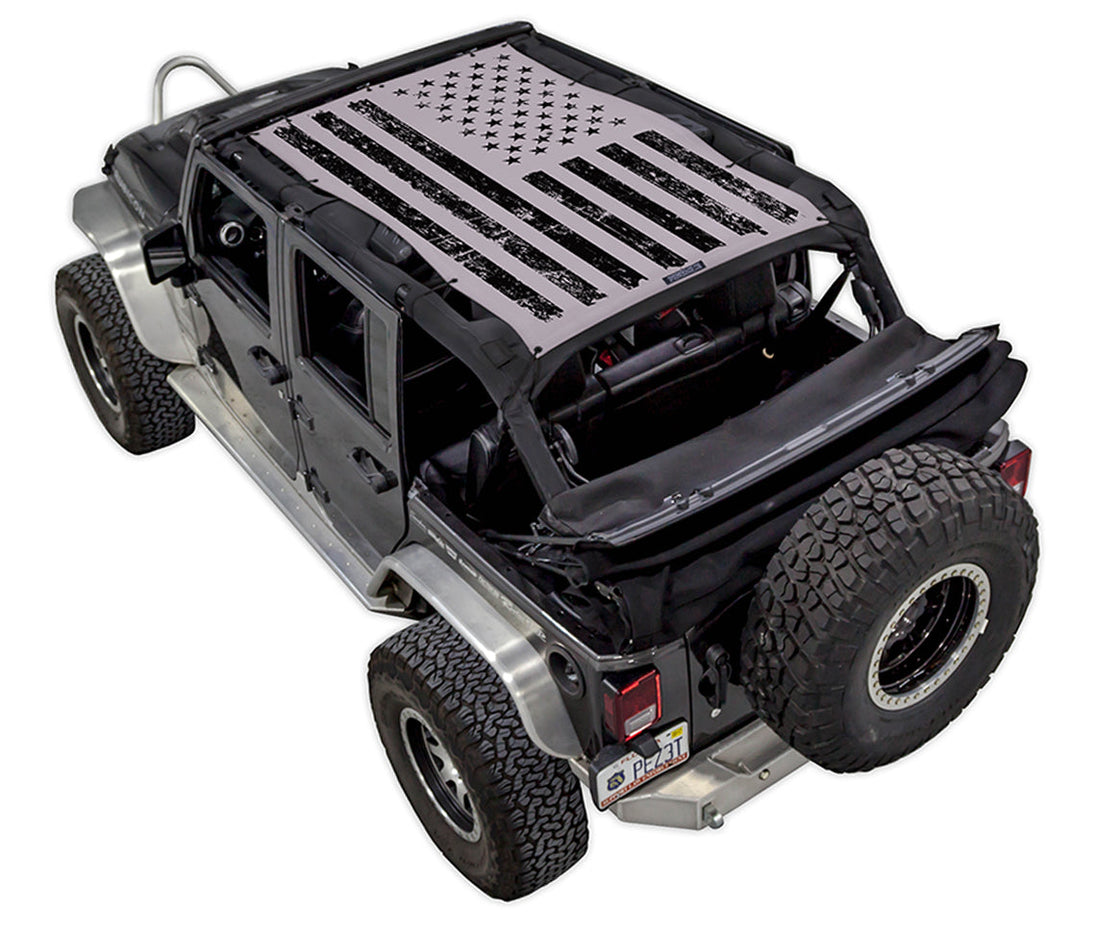 Sun shade for Jeep Wrangler JKU 4-Door by SpiderWebShade, gray American flag printed top