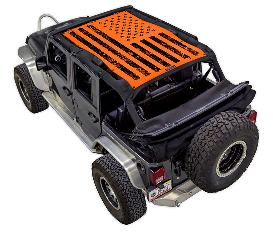 Sun shade top for Jeep Wrangler JKU 4-Door by SPIDERWEBSHADE, orange stock-printed flag design