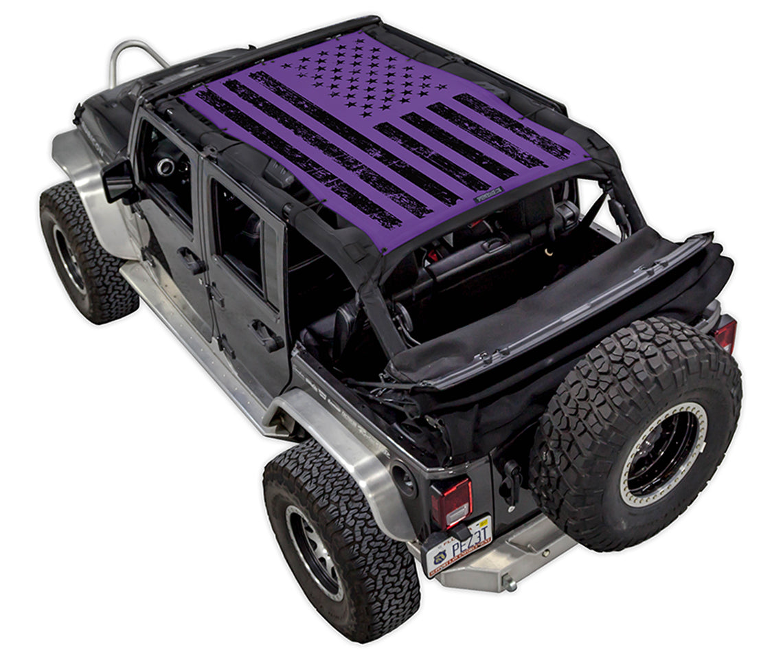 Sun Shade top for Jeep Wrangler JKU by SpiderWebShade, purple printed flag design