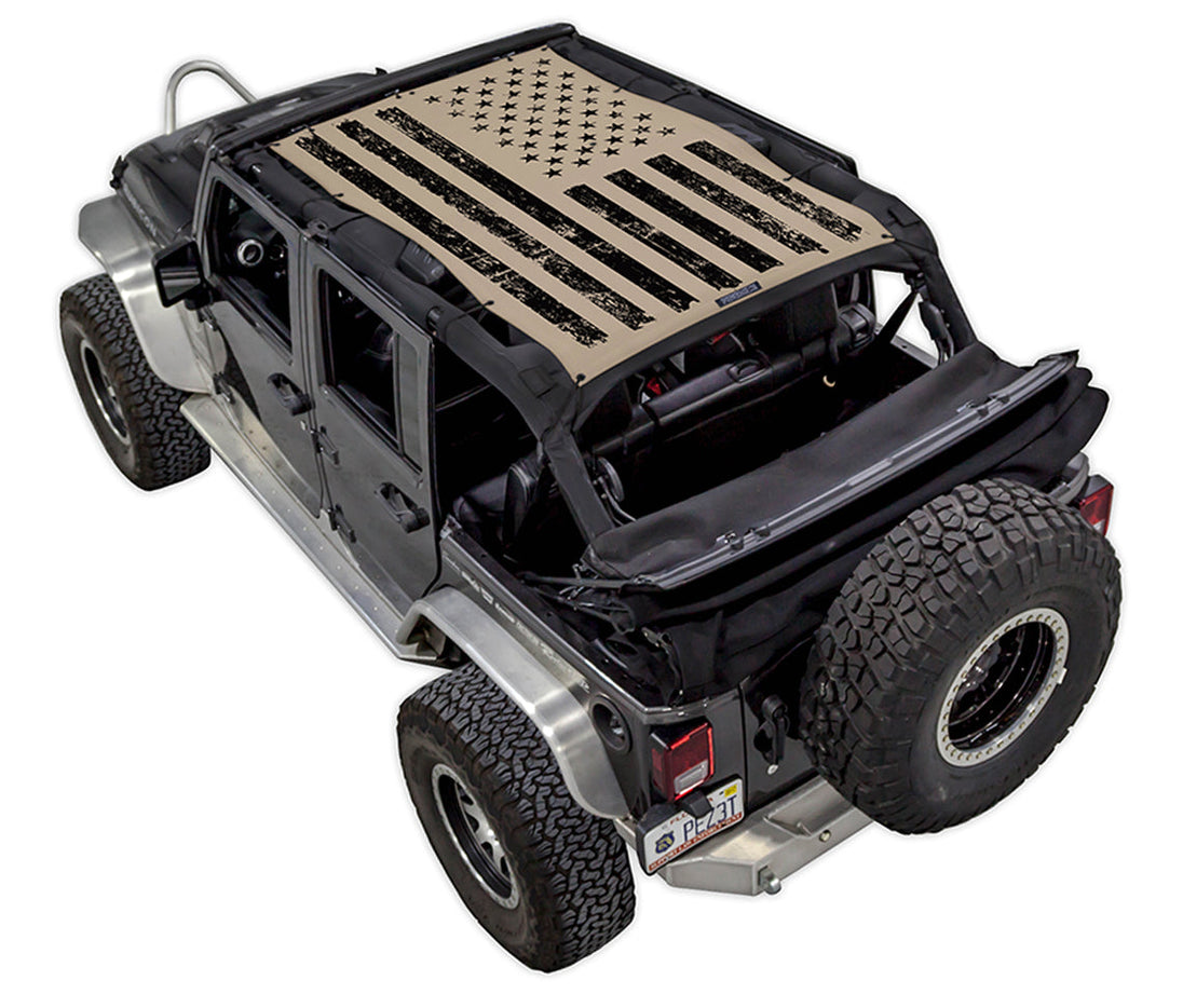 Sun Shade for Jeep Wrangler JKU 4-Door, tan stock-printed US flag top by SPIDERWEBSHADE