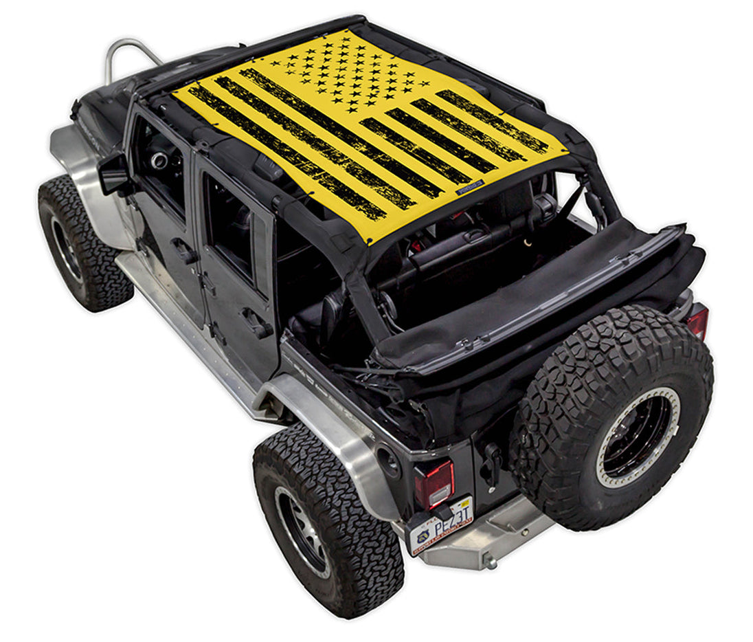 Sun shade for Jeep Wrangler JKU 4-Door by Spiderwebshade, yellow American-flag print top