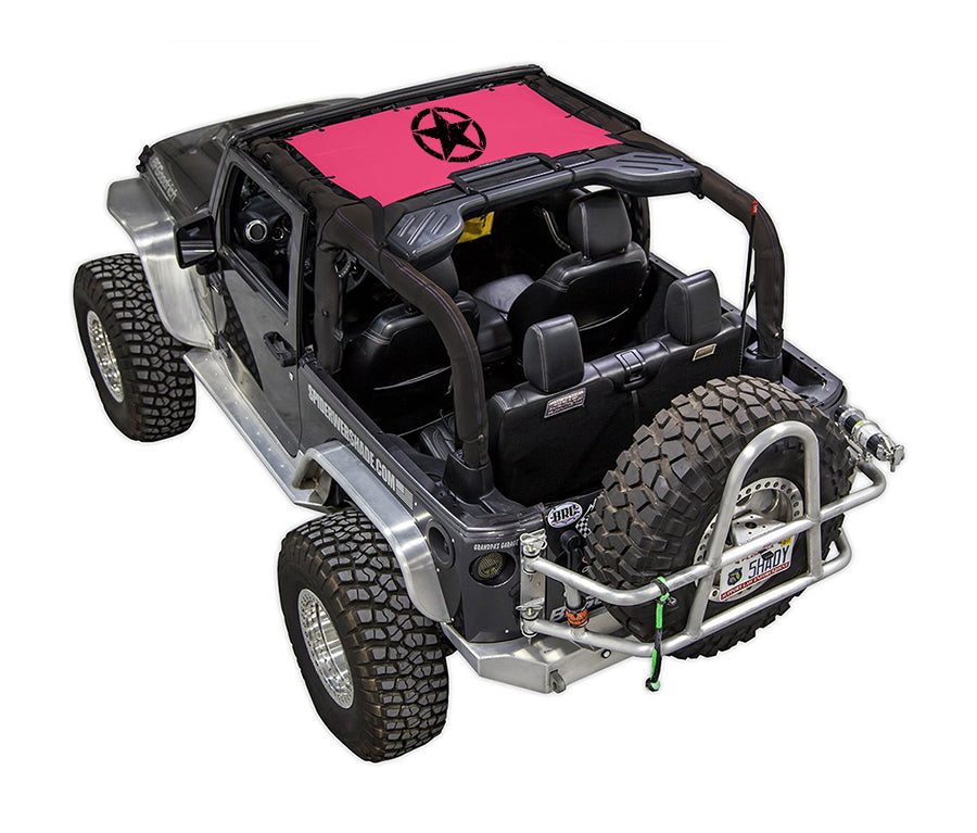 Sun Shade for Jeep Wrangler JK 2-Door by SPIDERWEBSHADE, stock printed pink shade top with black star.