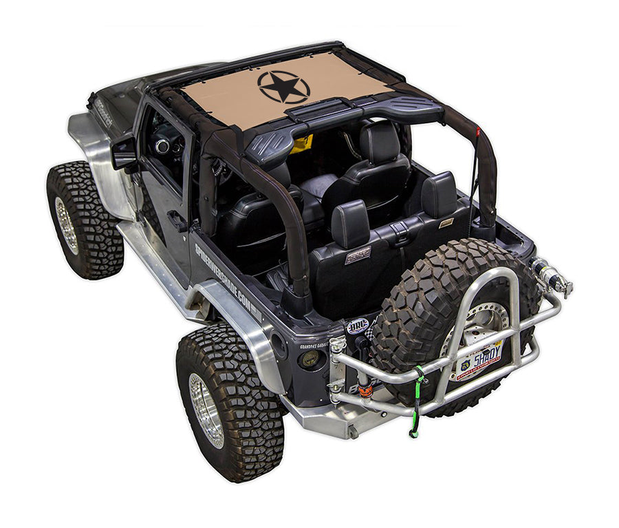 Sun shade for Jeep Wrangler JK 2-Door by SpiderWebShade; stock printed tan shade top