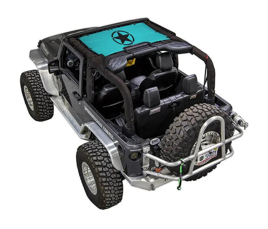 Sun shade for Jeep Wrangler JK 2-Door by SpiderWebShade, turquoise printed top with star logo.
