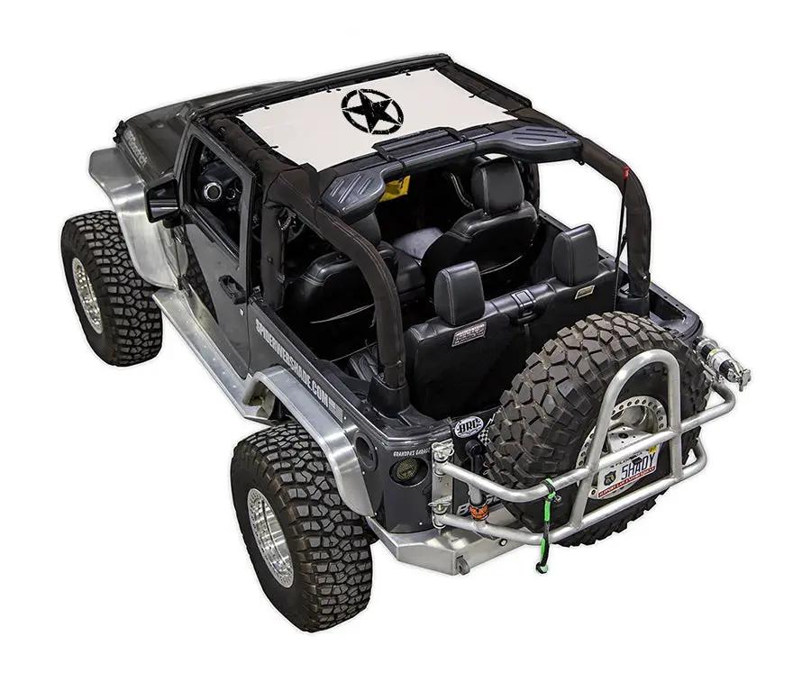 SpiderWebShade Sunshade for Jeep Wrangler JK 2-Door; stock printed white shade top with black logo