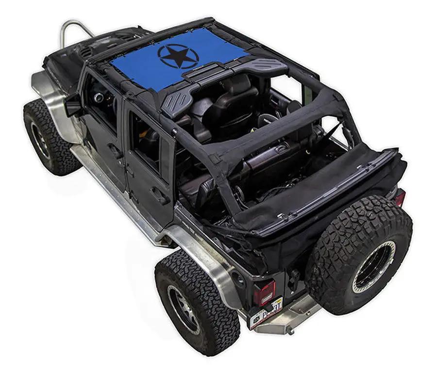 Sun shade top for Jeep Wrangler JKU 4-Door by SpiderWebShade, blue panel with logo
