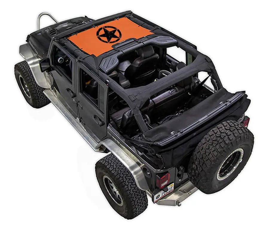 SpiderWebShade sun shade for Jeep Wrangler JKU 4-Door; orange printed top with black star logo