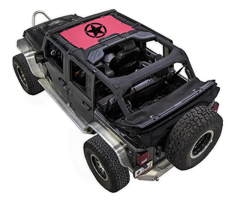 SpiderWebShade sun shade for Jeep Wrangler JKU 4-Door; pink stock-printed top with star logo.