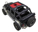 SpiderWebShade sun shade top for Jeep Wrangler JKU 4-Door; red panel with black star logo on a black off-road Jeep.