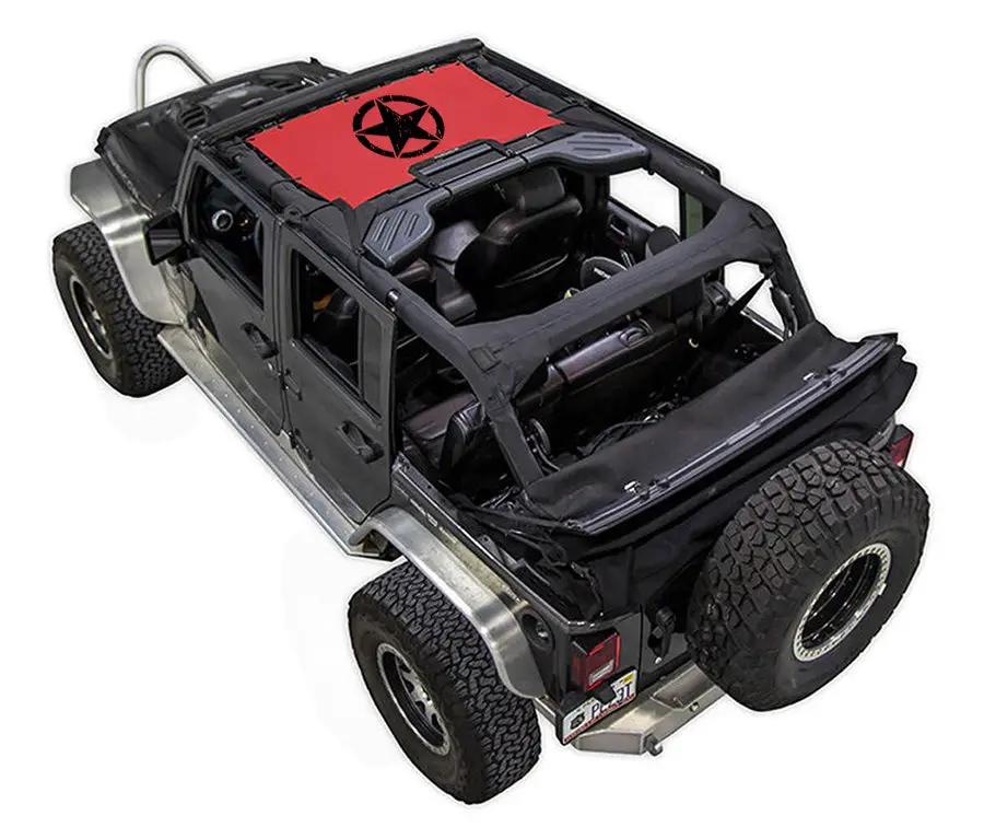SpiderWebShade sun shade top for Jeep Wrangler JKU 4-Door; red panel with black star logo on a black off-road Jeep.