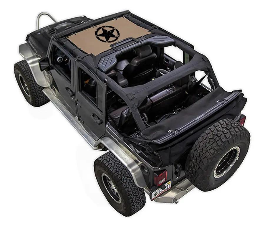 Sun Shade Top by SpiderWebShade for Jeep Wrangler JKU 4-Door (2007–2017), printed tan shade with star logo