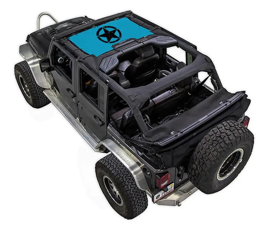 Sun shade top for Jeep Wrangler JKU 4-Door (2007–2017) by SPIDERWEBSHADE, blue printed shade with star logo